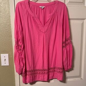 Crown & Ivy Pink Blouse with Lace Accents